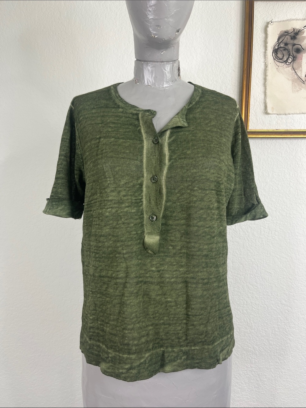 Kujten Lino Tunisian Collar Linen T-Shirt Overdyed